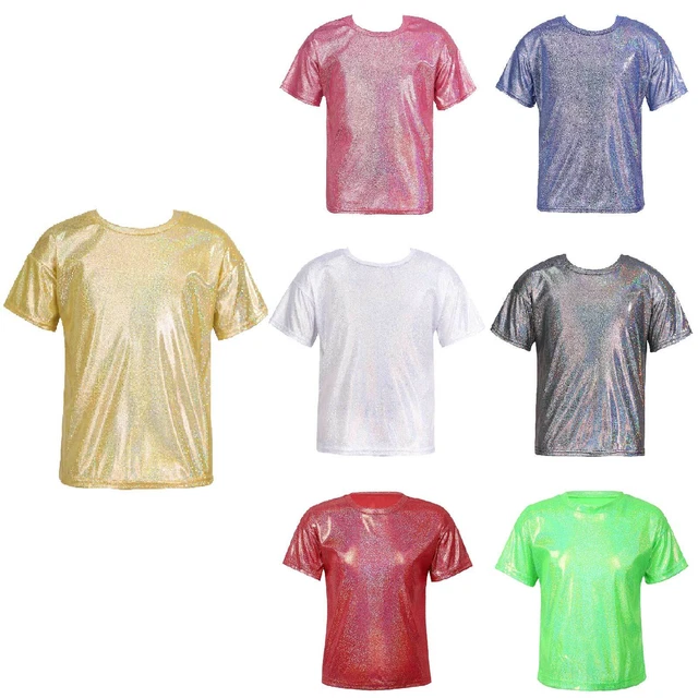 T-shirt iEFiBAMBINI ragazze ragazzi metallizzata Sparkly Jazz Dance Tops tuta da ginnastica