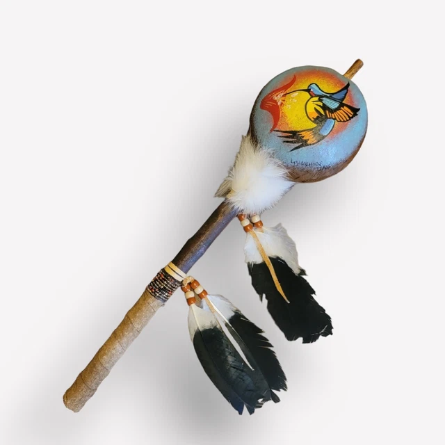 Hand Painted Ceremonial Dance Gourd Rattle By Native American Navajo Lacinda B.