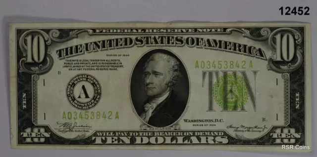 1934 $10 Federal Reserve Note Boston Light Green Vf++! #12452