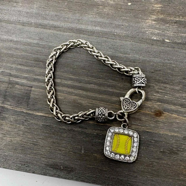 Softball Charm Bracelet Silver Tone 8" Square Charm Baseball Rhinestones Heart
