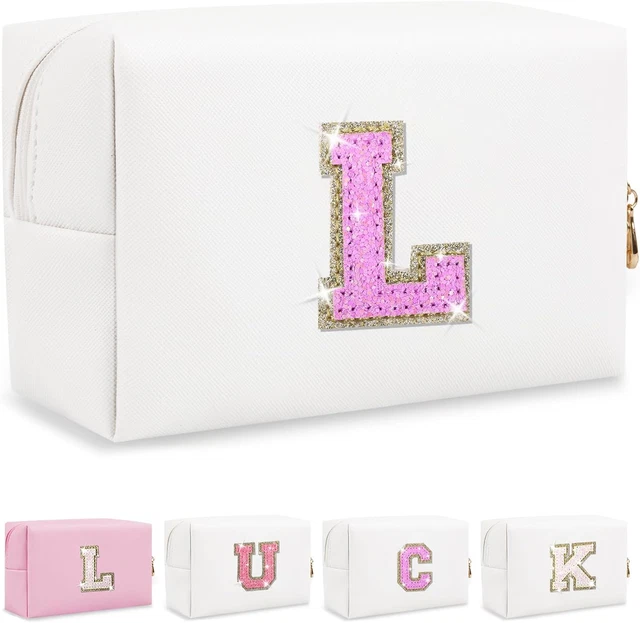 IQIMOTT PERSONALIZED INITIAL Letter Patch Makeup Bag, Preppy Chenille