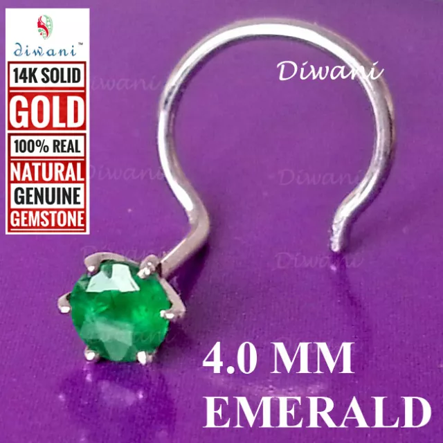 4.0mm Natural Emerald 14k Gold Engagement Wedding Nose Piercing Stud Pin Ring