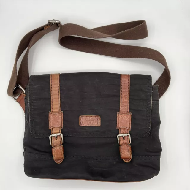Fossil Messenger Bag Black Canvas Brown Leather Accents Laptop Bag Crossbody 14”