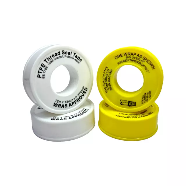 10 Rolls Gas & Water PTFE Tape White Yellow Threaded Seal Fitting 12mm Plumbing