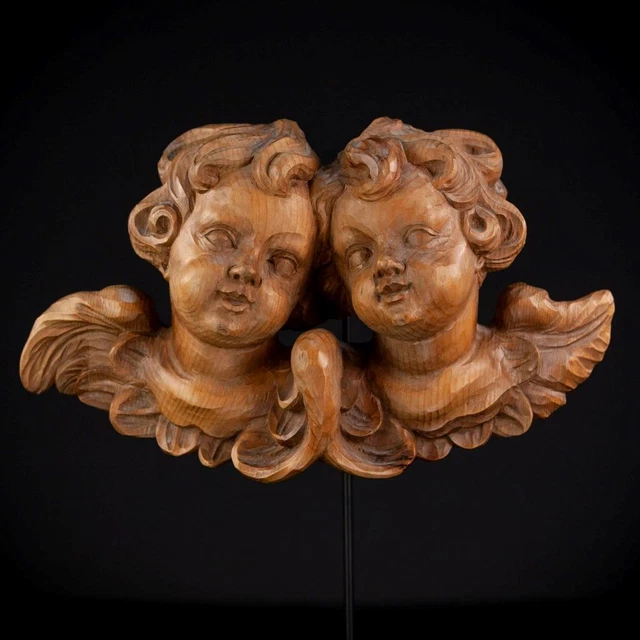Ángel Escultura Par Dos Barroco Madera Alas Archangels Vintage Estatua 37.1cm