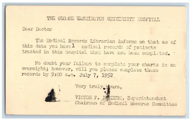 1952 Medical Records George Washingon Univ Hospital Washington DC Postal Card