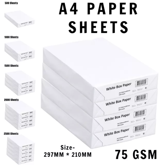 A4 Sheet White Paper BUNDLE Printer Copy WHOLESALE 2500 Sheets 1 2 REAMS Office