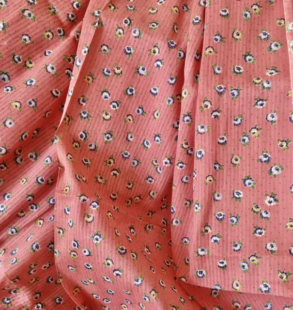 Antique Small Scale Floral Roses Dimity Cotton Fabric ~ Coral Pink Yellow Blue