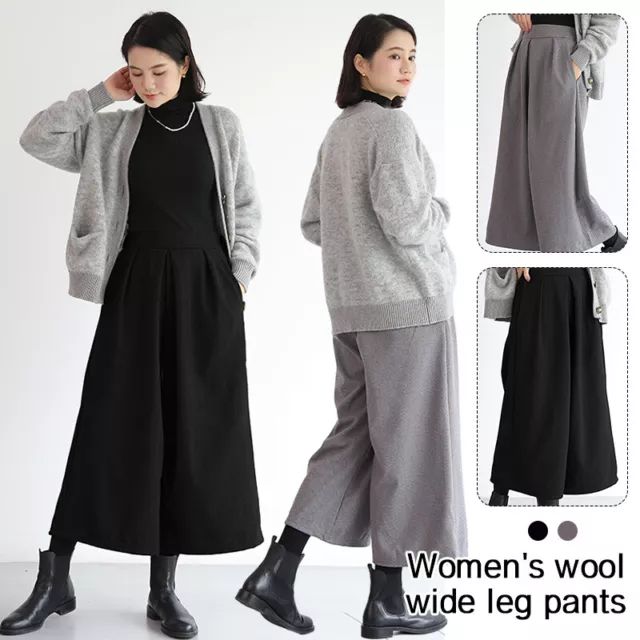 Women Wool Blend Loose Wide Leg Skirt Pants Elastic High Waist Cropped Trousers