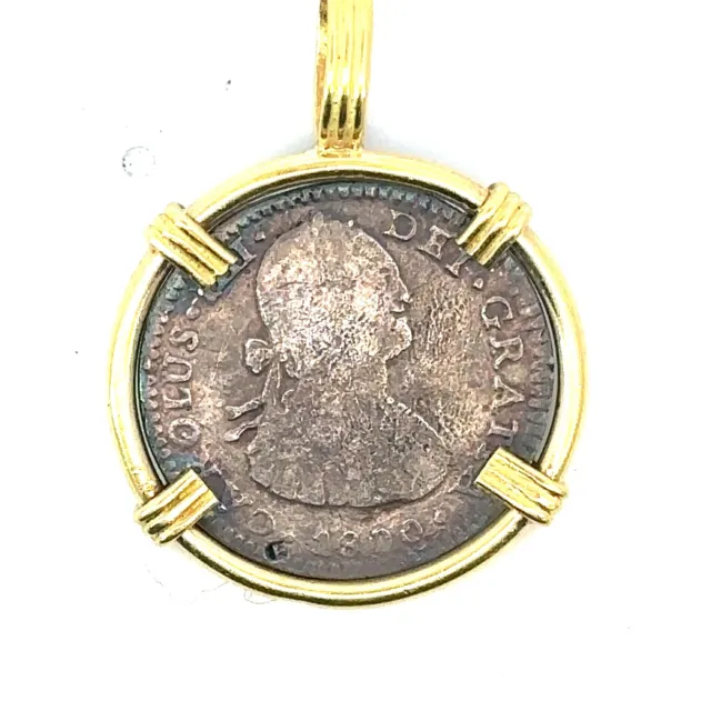 1800 Mexico Charles IV 1R Silver Coin With 18K Yellow Gold Frame Pendant