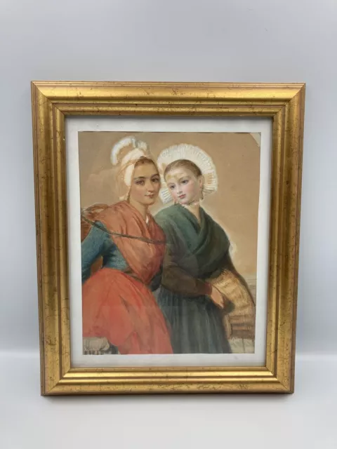 A Late 19th Century Original Watercolour Portrait Painting Of Two Ladies