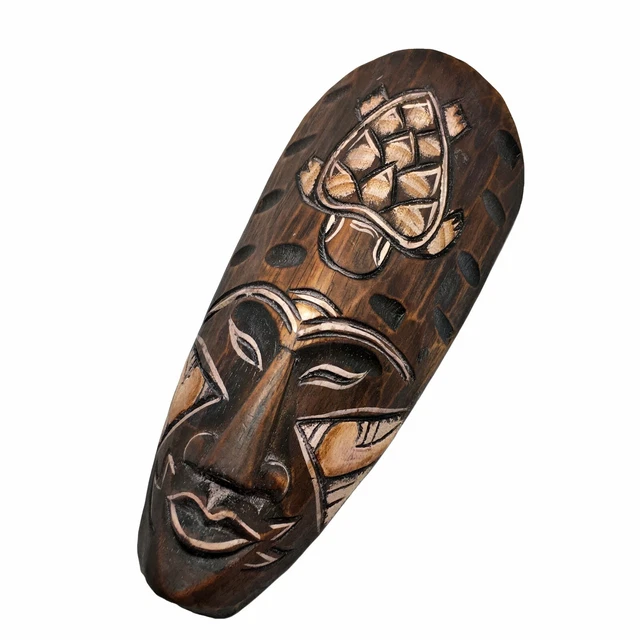 African Wooden Mask Turtle Face Brown Hand Carved Tribal Safari Wall Art Hanging