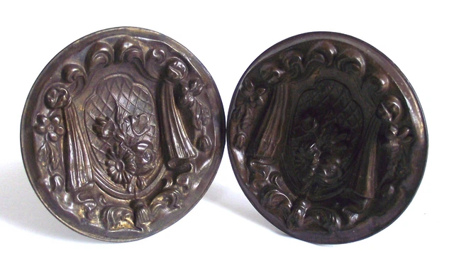 PAIR Antique 2 PRESSED BRASS ROSES 2 5/8" CURTAIN TIE BACK Drapery Mount Set VTG 2