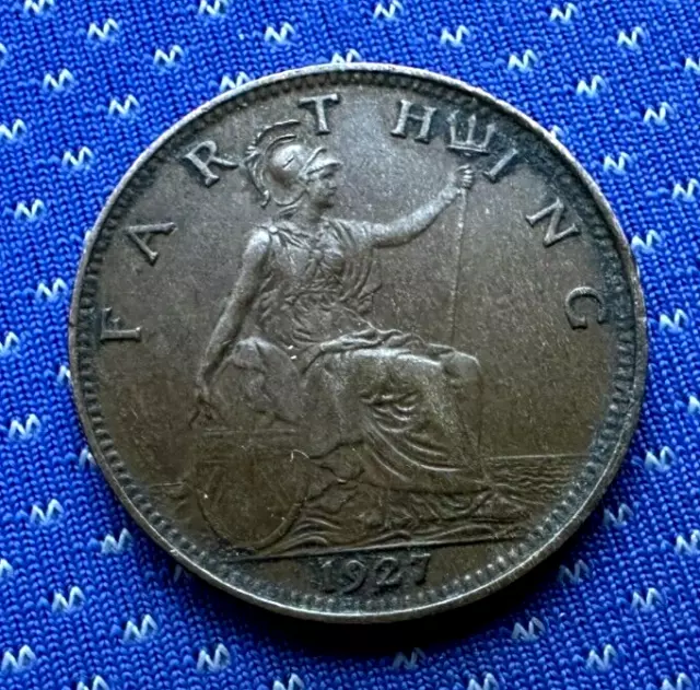 1927 UK 1 Farthing Coin AU   Better Grade Bronze World Coin   #M519