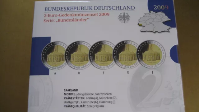 BRD 5 x 2 Euro Gedenkmünzenset 2009 Spiegelglanz Saarland