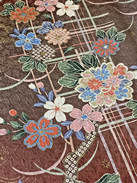 Vintage Japanese Kimono Silk Fabric, Crimson Floral Long Panel 160cm(63”) AU