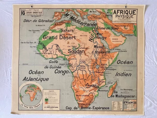 Carte Scolaire Ancienne, Afrique Physique , Armand Collin nº16 , années 50-60