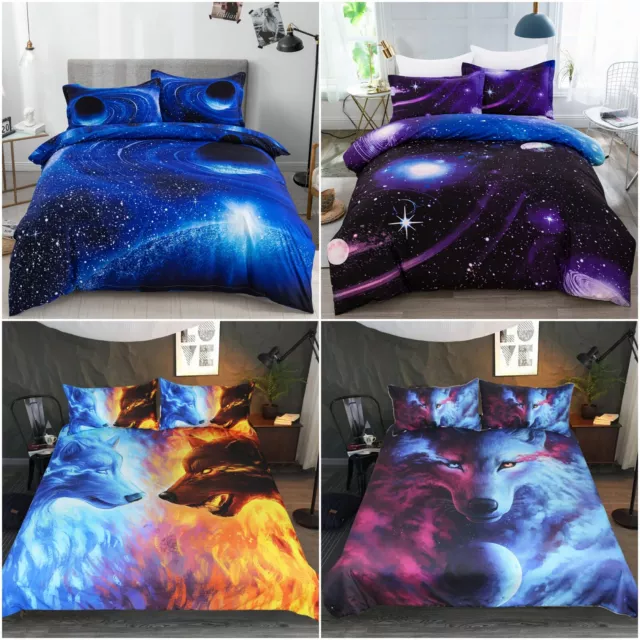 3D Wolf Galaxy Duvet Quilt Cover Bedding Set Pillow Cases Single Double King New