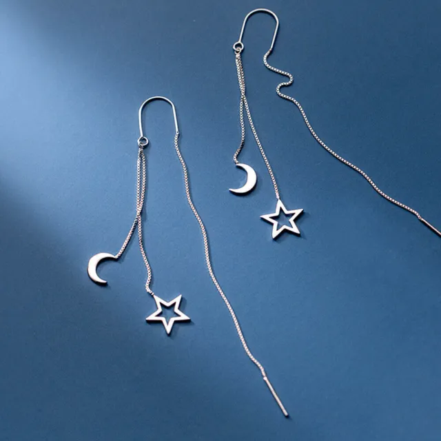 925 Sterling Silver Moon Star Dangle Drop Threader Ear Thread Earrings A4275