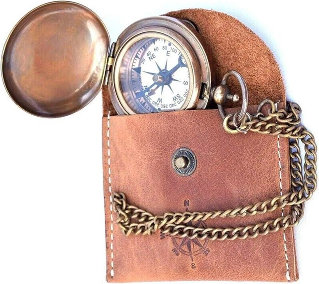 NEOVIVID Boussole En Laiton Massif Avec étui En Cuir - Finition Antique, Mécanisme De Levage D'aiguille, Gravable