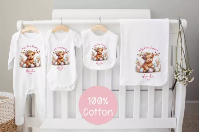 My 1st Easter Highland Cow  *Baby Grow *Gro *Sleepsuit*Personalised