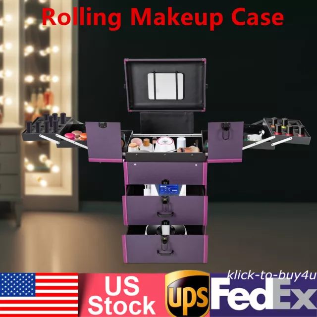 Portable Rolling Makeups Train Case Lockable Cosmetic Storage Organizer Trolley