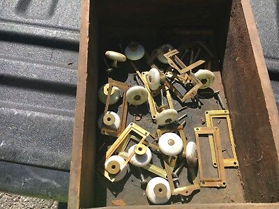 Lot of salvaged - reproduction hardware - brass name plates porcelain pulls