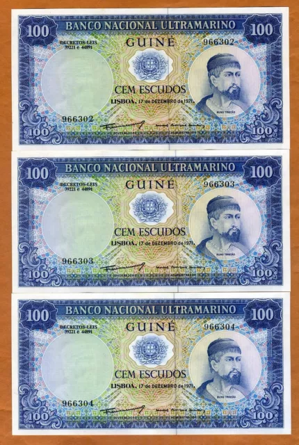 SET Portuguese Guinea, 3 x 100 Escudos, Consecutive Trio, 1971, P-45, UNC