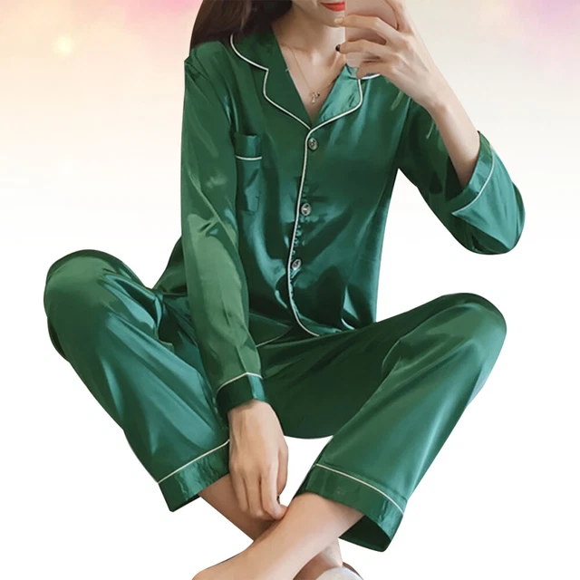 1 set pigiami donna imitazione seta maniche lunghe bottone biancheria da notte pantaloni per il