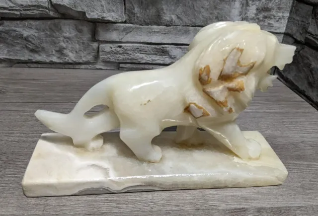 Vintage 8.5"x5.25" Hand Carved Alabaster Marble Lion Figurine Statue Sculpture