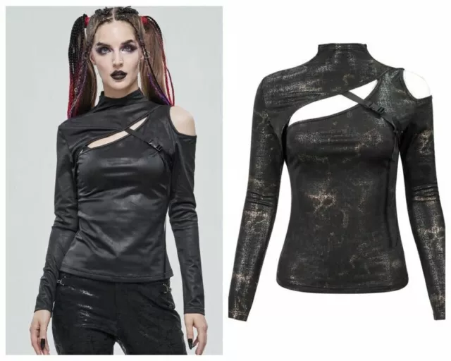 Devil Fashion Punk Rock Women's Slim Tops Hollow Out Asymmetrical Collar T-shirt
