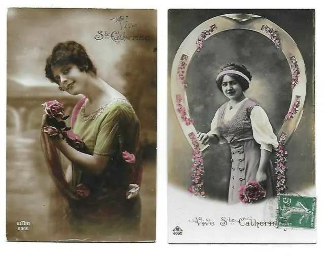 2 CPA cartes postales anciennes Sainte Catherine fleurs belles femmes coiffes