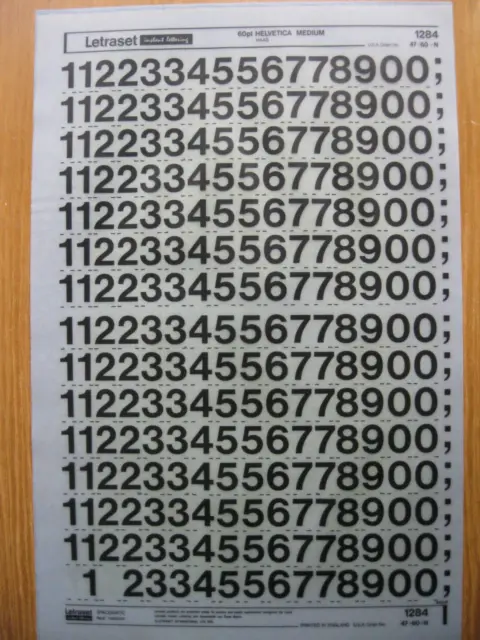 1 x Números Letraset HELVETICA MEDIUM 60pt 16,6 mm Hoja 1284 (bb)