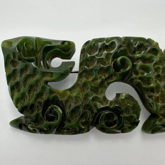 Big Vintage Heavily Carved Marbled Green Bakelite Archaic Style Dragon Brooch