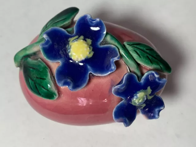 Vintage Majolica Porcelain Ceramic EASTER EGG Decor Art Pottery Applied Flowers