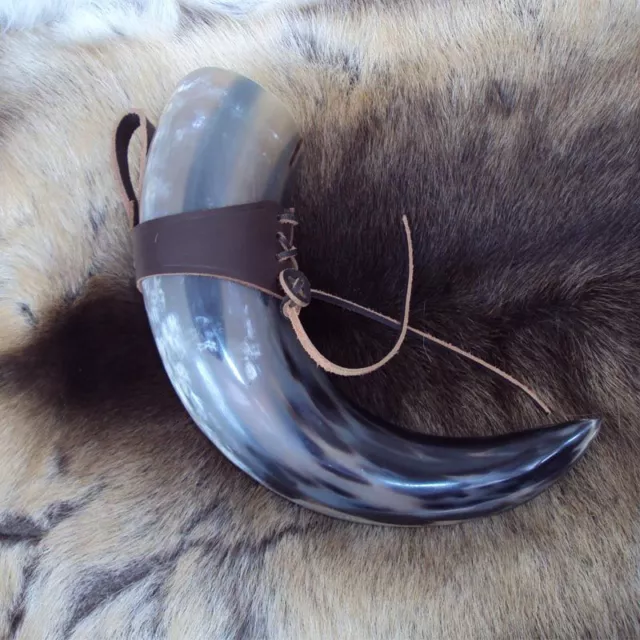 Large 2 Pint Viking / Medieval Drinking Horn With Leather Holder Polished Finish