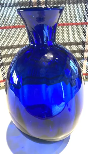 Cobalt Blue Glass Hand Blown  9 1/2" Tall Large Heavy Vase With Rough Pontil