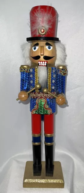 Collectible 15” Blue Wooden Nutcracker with Drumsticks and Gold Glitter Base