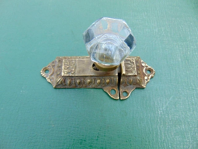 Original Antique Victorian Fancy Brass & Glass Knob Cabinet Latch Nice!