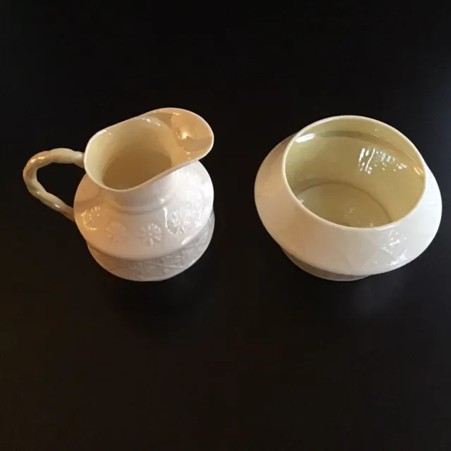 Vtg BELLEEK Porcelain Open SUGAR BOWL CREAMER Basket Weave Pair IRELAND Petite
