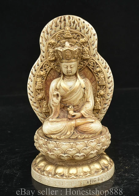 7.2 " Old Chinese White Jade Gilt Carved Ksitigarbha Boddhisattva Buddha Statue