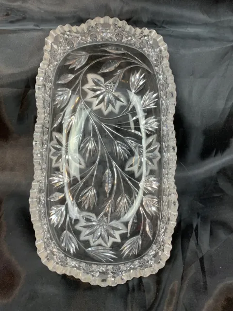 Vintage American Brilliant Cut Glass Crystal Oval Bowl Sawtooth Rim floral 11"-7