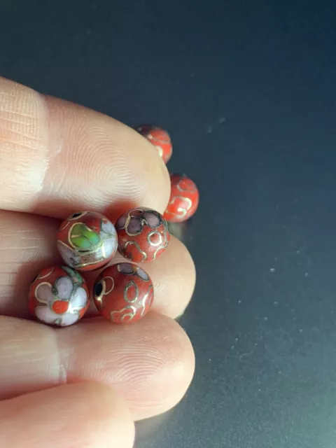 4 Vintage Red w Pink Flowers Leaves Cloisonne Chinese Enamel Round Beads 8mm