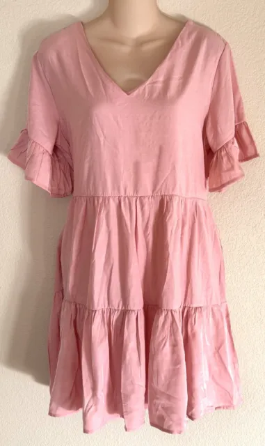 Women's Pink V-Neck Short Sleeve Fit/Flare Ruffle Dress Size Large