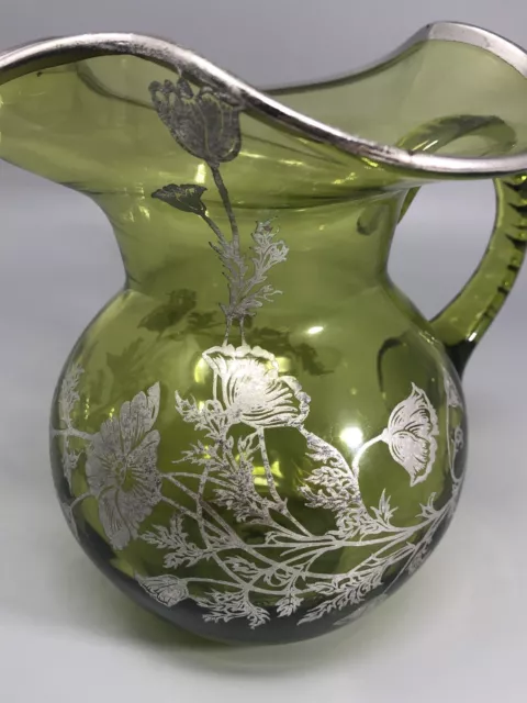 Vintage Hand Blown Green Silver City Glass Pitcher With Silver Overlay Flowers 3