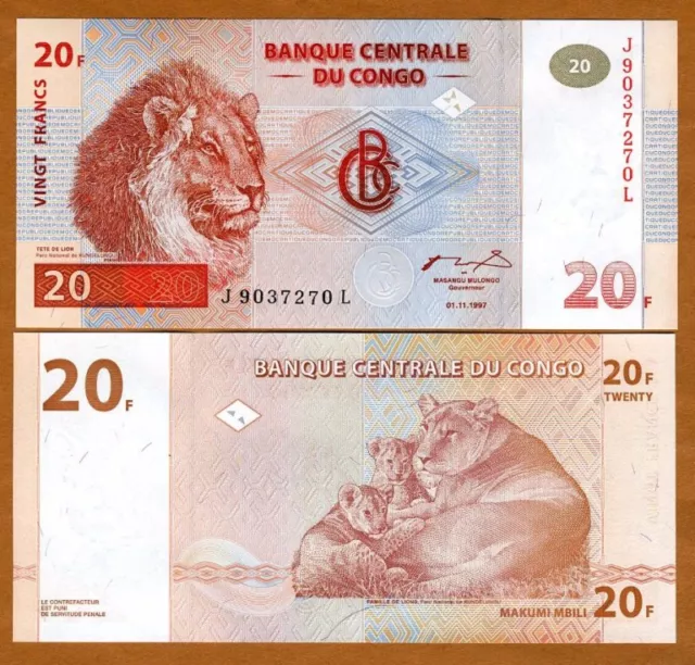 Congo D.R., 20 Francs, 1997, P-88 (88A), UNC Scarce