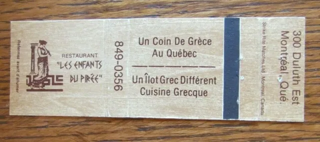 Greek Restaurant Matchbook Matchcover: Enfants Du Pirée (Montreal, Quebec) -E8