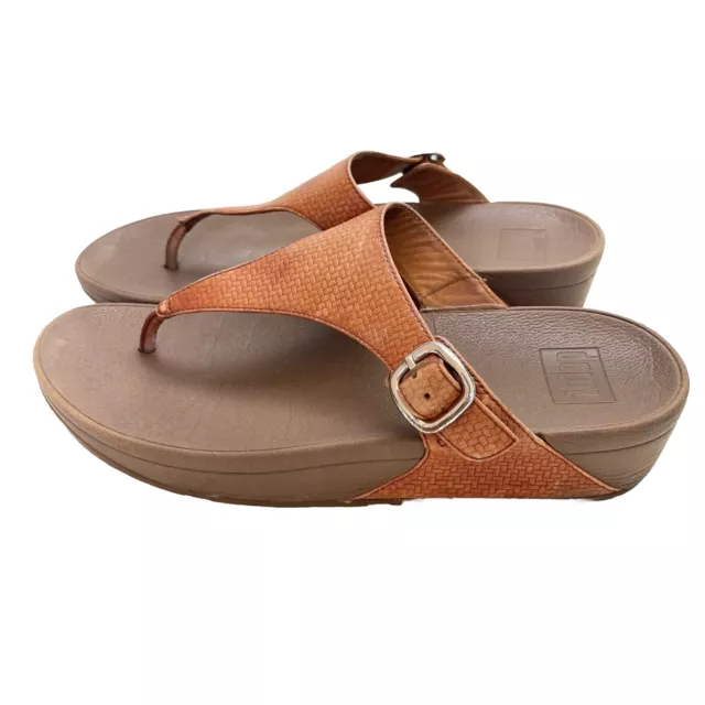 FitFlop Womens Size 8 Brown Leather The Skinny Thong Buckle Wedge Slide Sandals