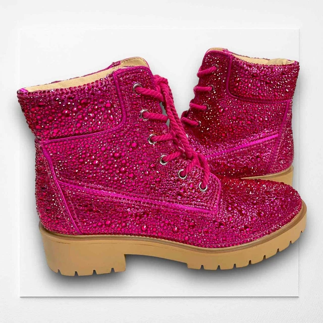 Betsey Johnson Hudson Rhinestone Lace Up Bootie Size 9 Fuchsia Pink Combat Boots