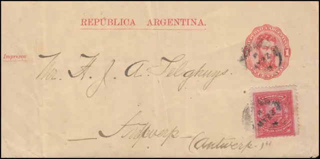 Argentina: strip 1 centavos portrait red to Antwerp, circa 1900